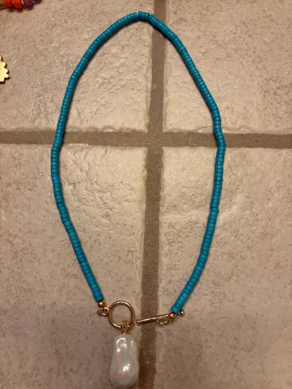 Turquoise Beaded Necklace with Pearl Charm - Women Jewelry